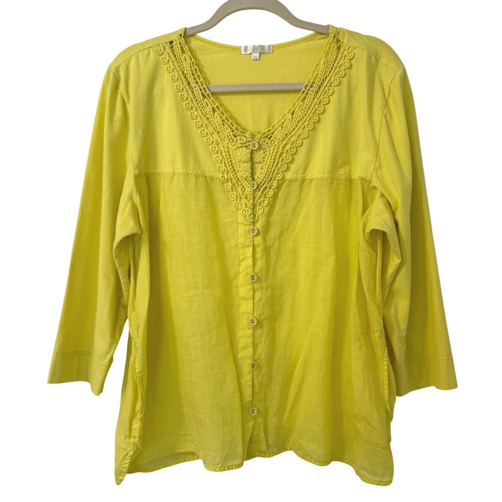 Kleen Women 1X Top Yellow 100% Ramie Button Front Crochet Lagenlook Coastal Boho